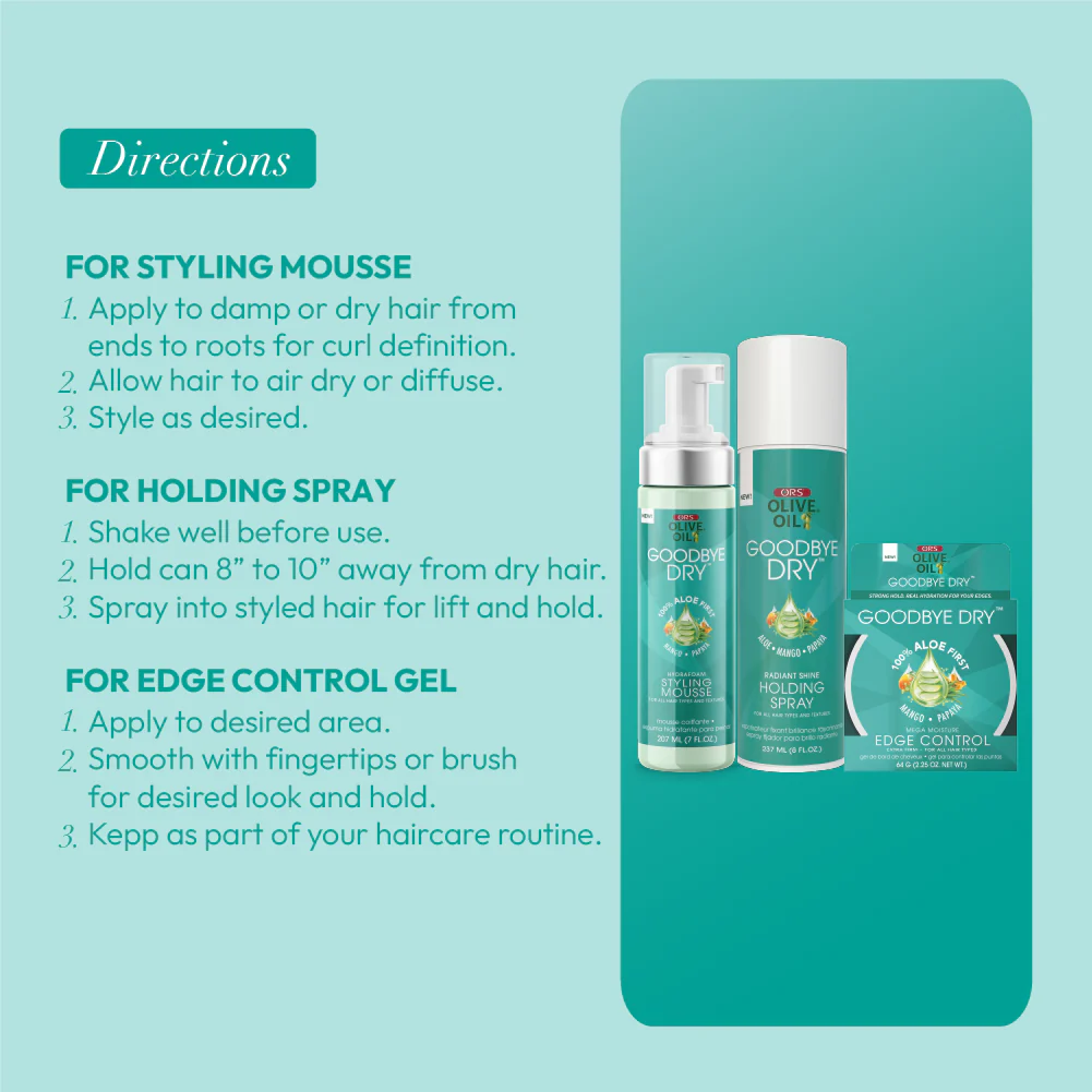 ORS Olive Oil Goodbye Dry Styling Mousse, Edge Control & Holding Spray 3-Piece Set - Image 8